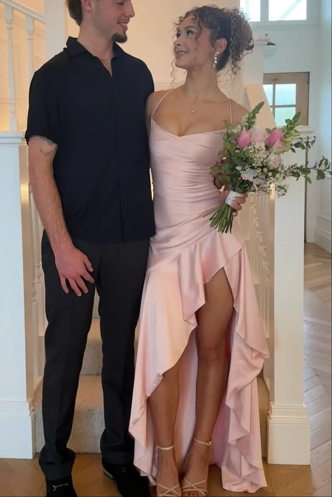 Simple Mermaid Spaghetti Straps Sleeveless Ruffles Satin Blush Long Prom Dress