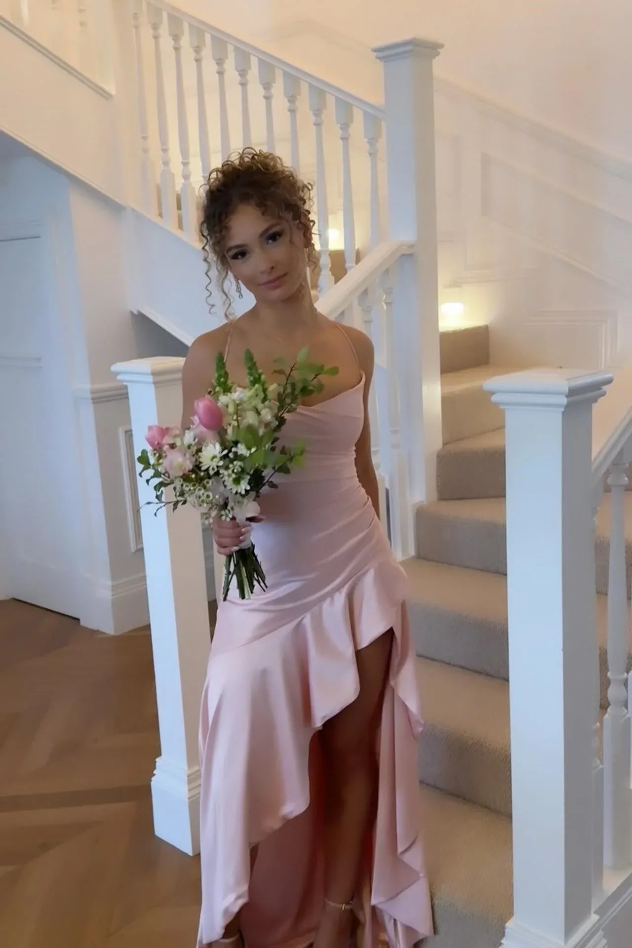 Simple Mermaid Spaghetti Straps Sleeveless Ruffles Satin Blush Long Prom Dress