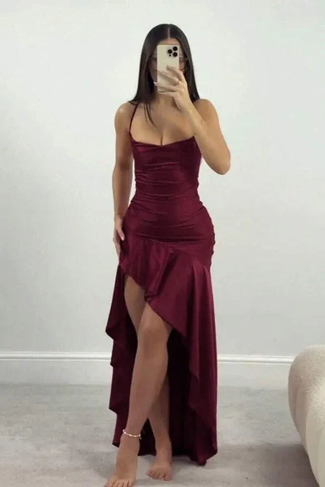 Simple Mermaid Spaghetti Straps Sleeveless Ruffles Satin Blush Long Prom Dress