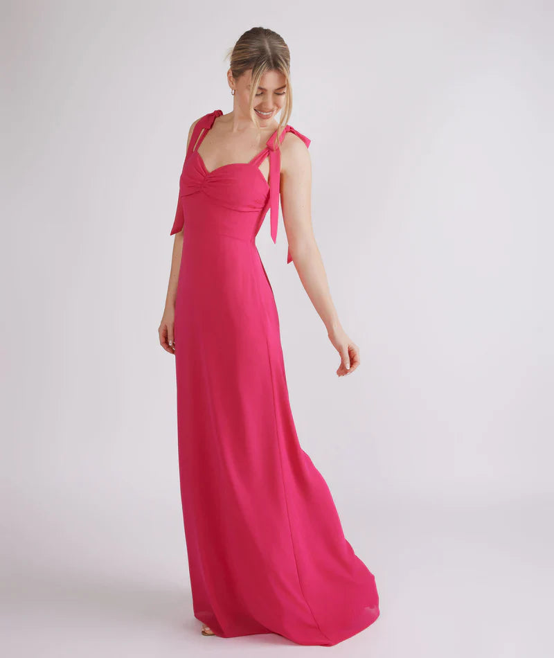 Vibrant Hot Pink Sweetheart Neck Tie-strap Chiffon A-line Floor-length Bridesmaid Dresses