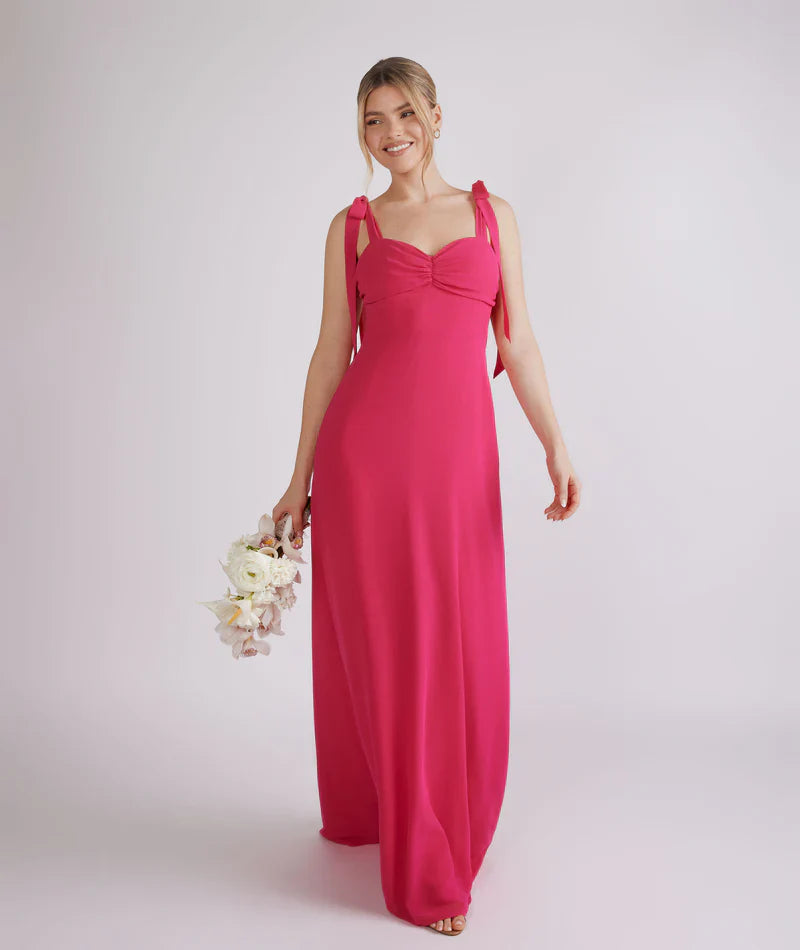 Vibrant Hot Pink Sweetheart Neck Tie-strap Chiffon A-line Floor-length Bridesmaid Dresses