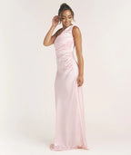 Elegant Blush Pink One-shoulder Ruched Waist Satin Bodycon Floor-length Bridesmaid Dresses