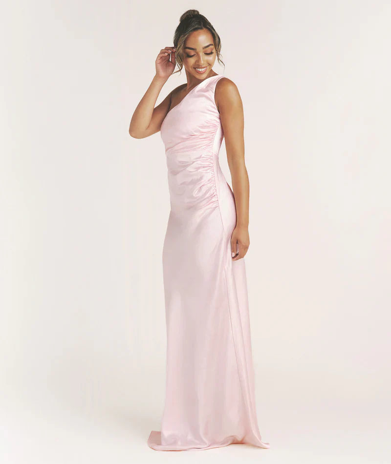 Elegant Blush Pink One-shoulder Ruched Waist Satin Bodycon Floor-length Bridesmaid Dresses