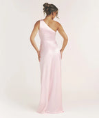 Elegant Blush Pink One-shoulder Ruched Waist Satin Bodycon Floor-length Bridesmaid Dresses