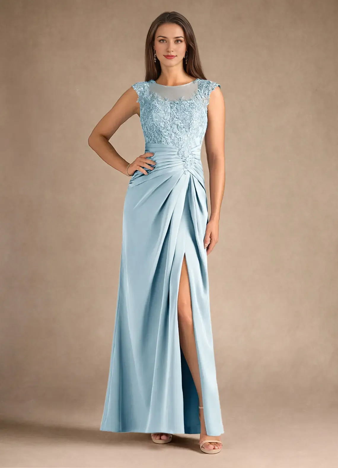 Blue Dress Steel Sheath Pleated Mother of the Groom Dresses Elegant Scoop Neck Sleeveless Leg Slit Evening Dress