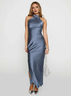 Blue Slate Halter Neck Backless Maxi Dress with Side Slit Prom Dresses