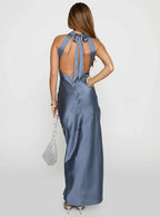 Blue Slate Halter Neck Backless Maxi Dress with Side Slit Prom Dresses