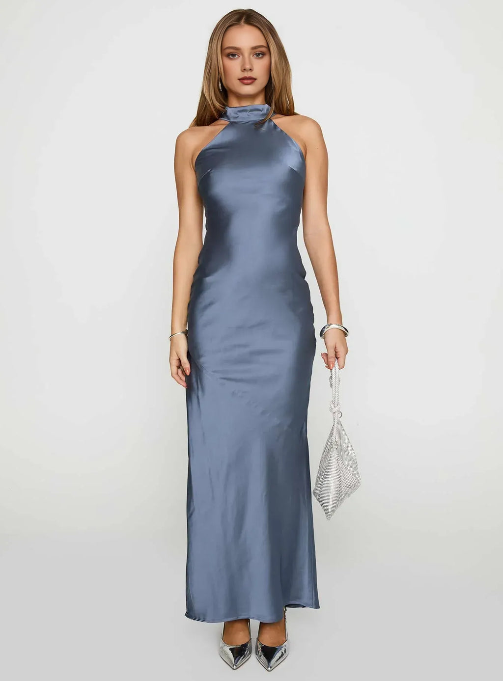 Blue Slate Halter Neck Backless Maxi Dress with Side Slit Prom Dresses