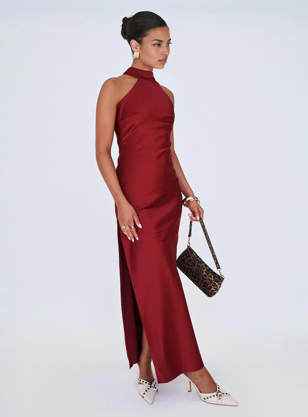 Blue Slate Halter Neck Backless Maxi Dress with Side Slit Prom Dresses