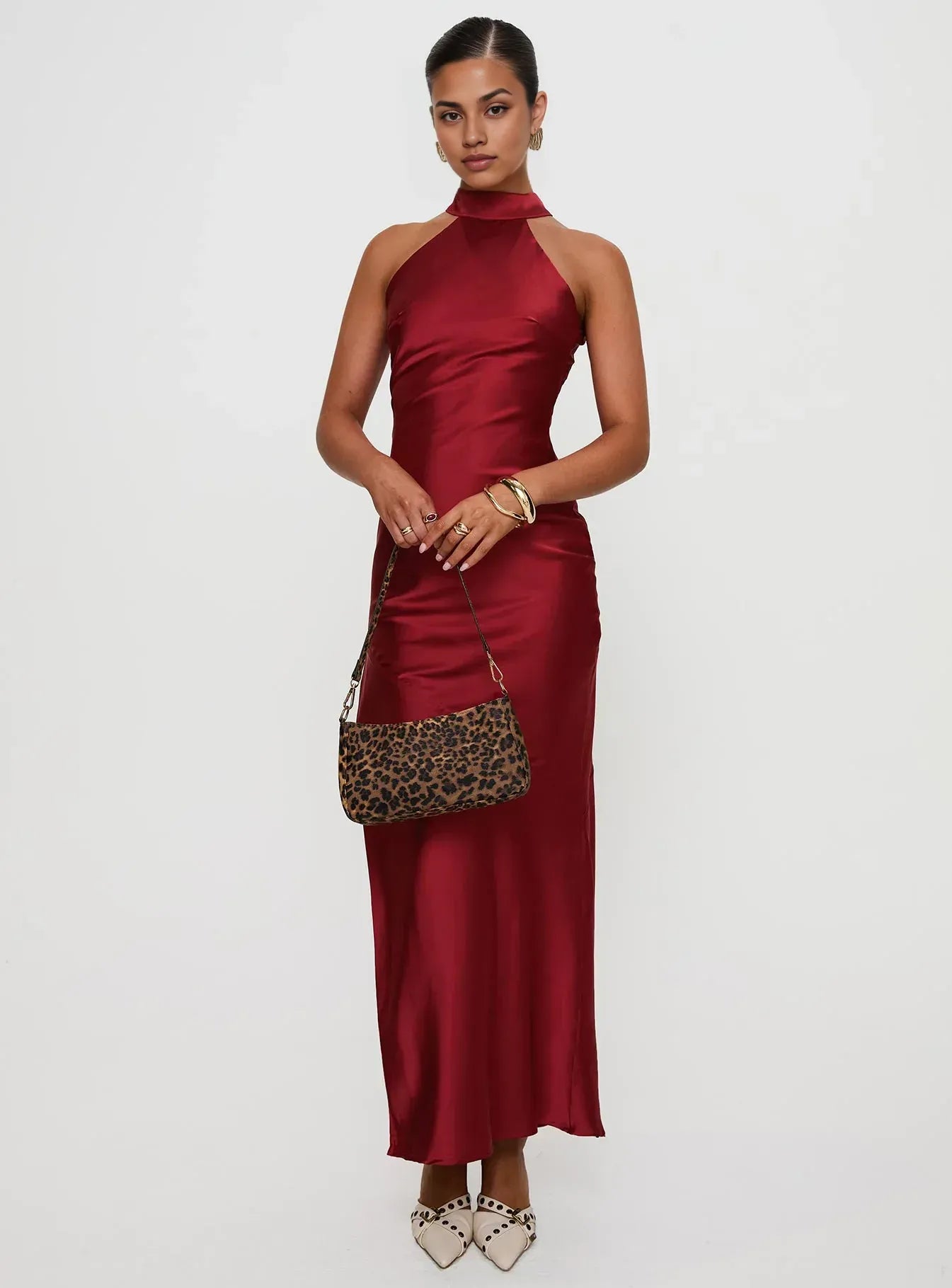 Blue Slate Halter Neck Backless Maxi Dress with Side Slit Prom Dresses