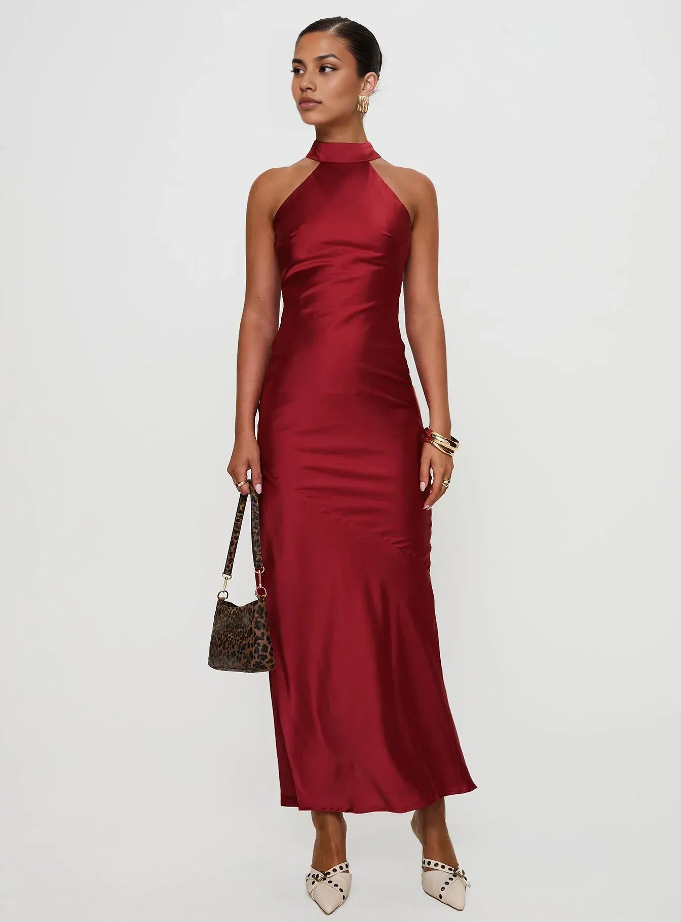 Blue Slate Halter Neck Backless Maxi Dress with Side Slit Prom Dresses