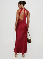 Blue Slate Halter Neck Backless Maxi Dress with Side Slit Prom Dresses