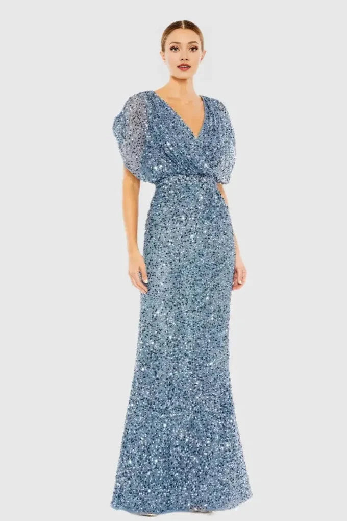 Luxury Column V Neck Draped Sleeve Zipper Up Floor-Length Prom Dress