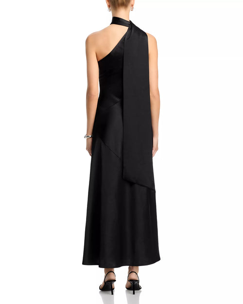 Robe de bal midi pour femme, élégante, coupe trapèze, dos nu, une manche, drapée dans le dos