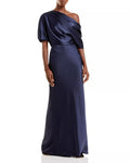 Sleek Column One Shoulder Puff Sleeve Draped Back Floor Length For Ladies Prom Dress