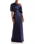 Sleek Column One Shoulder Puff Sleeve Draped Back Floor Length For Ladies Prom Dress