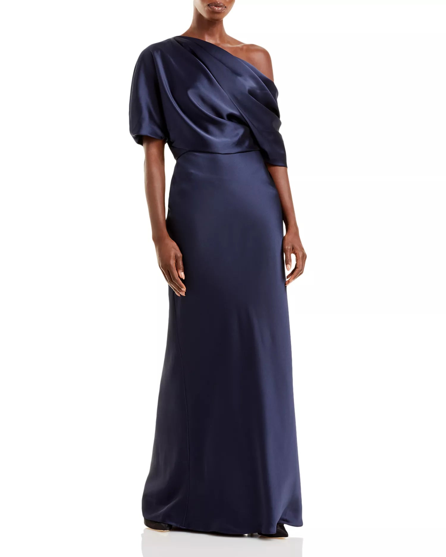 Sleek Column One Shoulder Puff Sleeve Draped Back Floor Length For Ladies Prom Dress