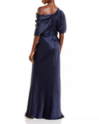 Sleek Column One Shoulder Puff Sleeve Draped Back Floor Length For Ladies Prom Dress