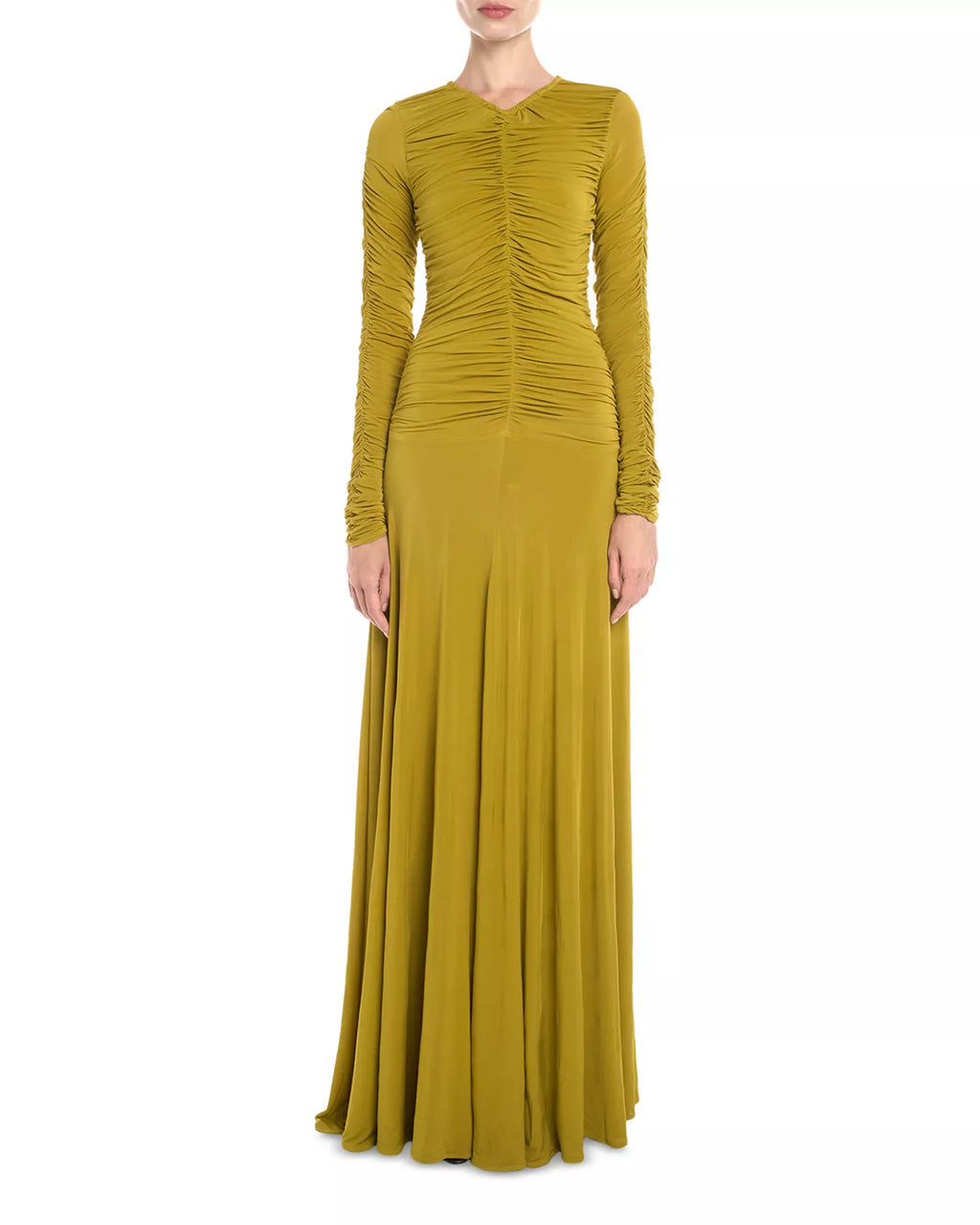 Sleek Column V Neck Long Sleeve Ruched Accent Floor Length Hot Sale Prom Dress