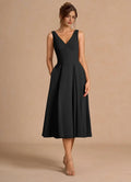 Sleek Fit and Flare V Neck Sleeveless V Back Midi Length For Adults Prom Dress