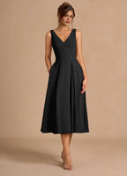 Sleek Fit and Flare V Neck Sleeveless V Back Midi Length For Adults Prom Dress