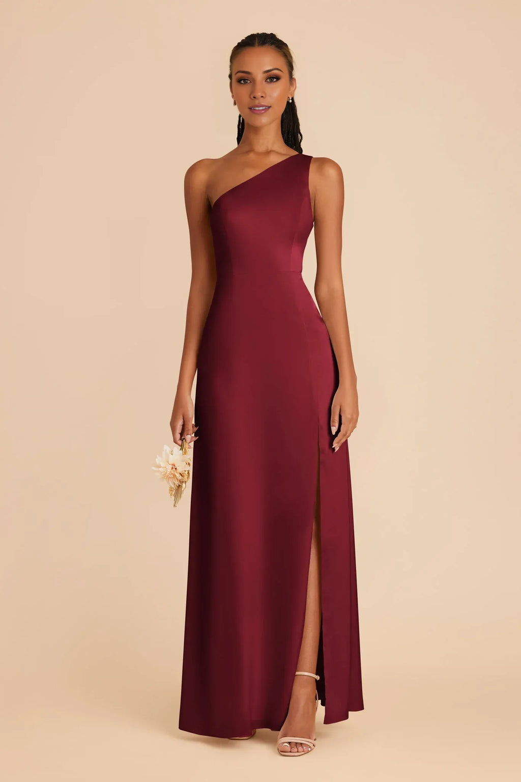 Sleek Fitted Satin One Shoulder Sleeveless Open Back Floor Length Bridesmaid Dresses