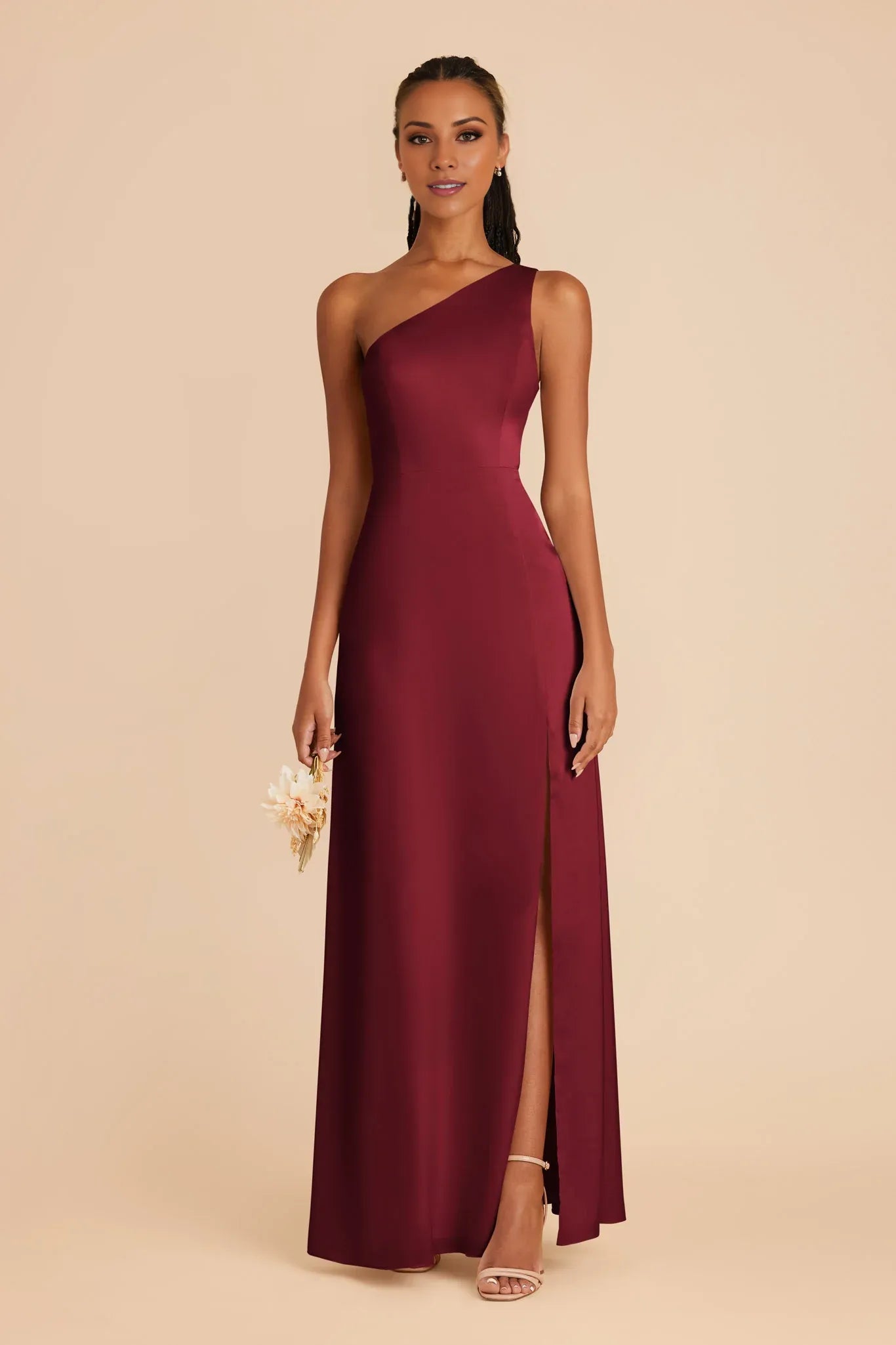 Sleek Fitted Satin One Shoulder Sleeveless Open Back Floor Length Bridesmaid Dresses