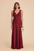 Sleek Fitted Satin V Neck Sleeveless Cross Back Floor Length Bridesmaid Dresses