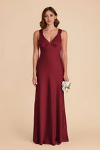 Sleek Fitted Satin V Neck Sleeveless Cross Back Floor Length Bridesmaid Dresses