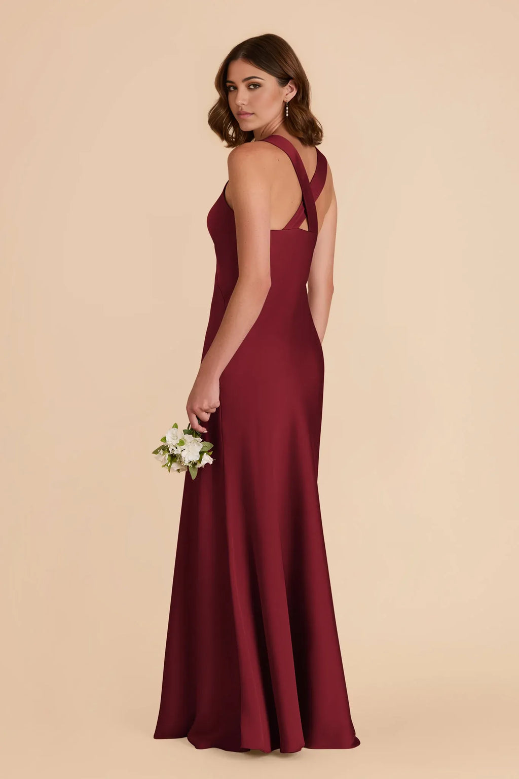 Sleek Fitted Satin V Neck Sleeveless Cross Back Floor Length Bridesmaid Dresses