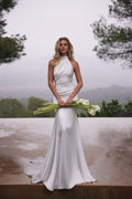 Sleek High Neck Mermaid Sleeveless Open Back Train Length Wedding Dress