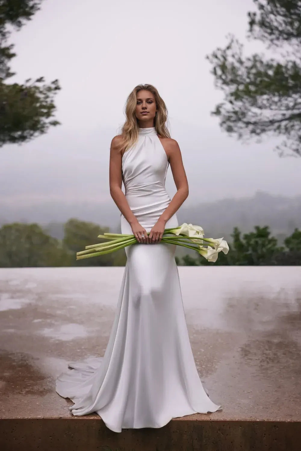 Sleek High Neck Mermaid Sleeveless Open Back Train Length Wedding Dress