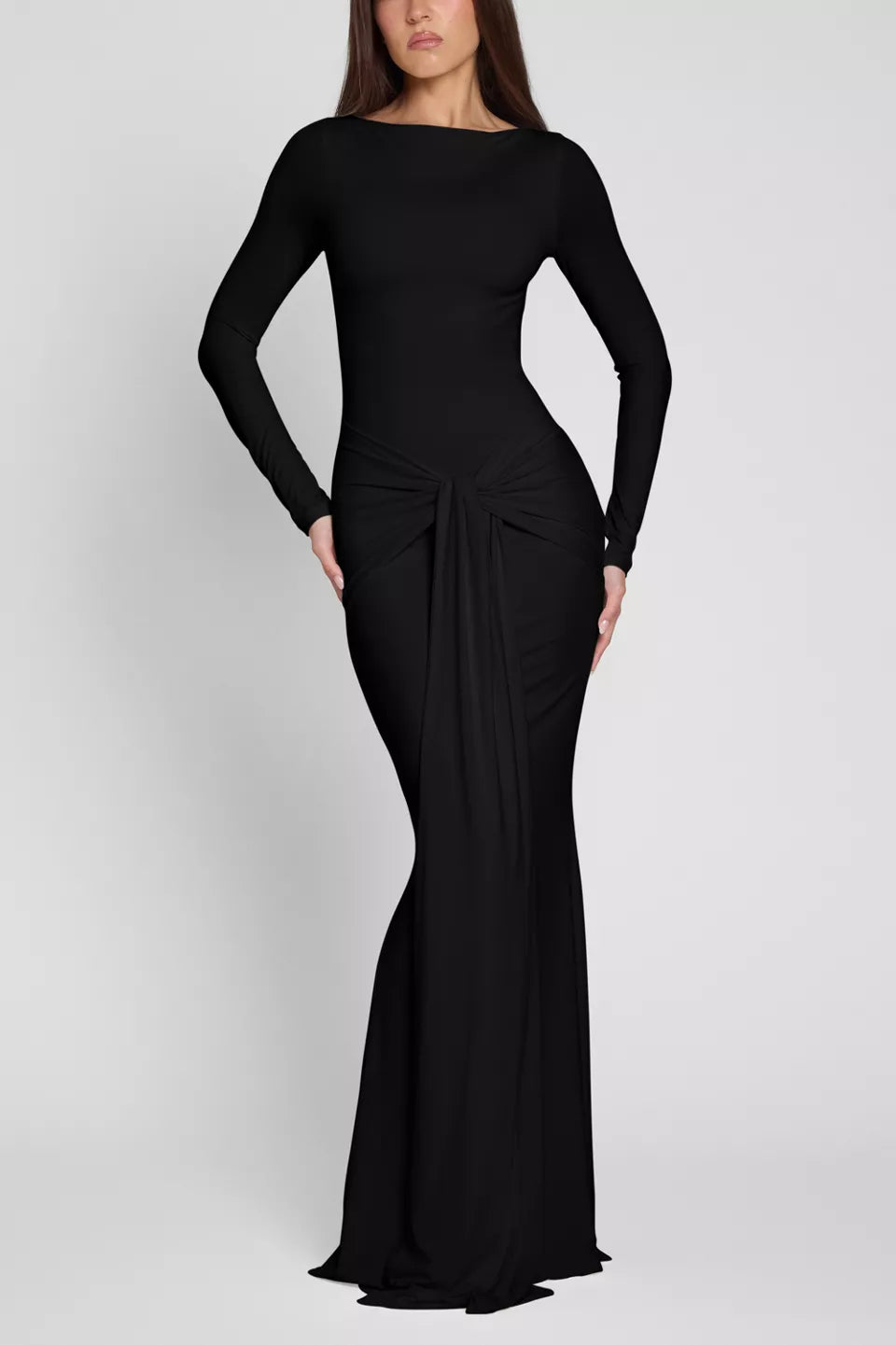 Sleek Mermaid Boat Neck Long Sleeve Ruched Front Floor Length Female Prom Dress