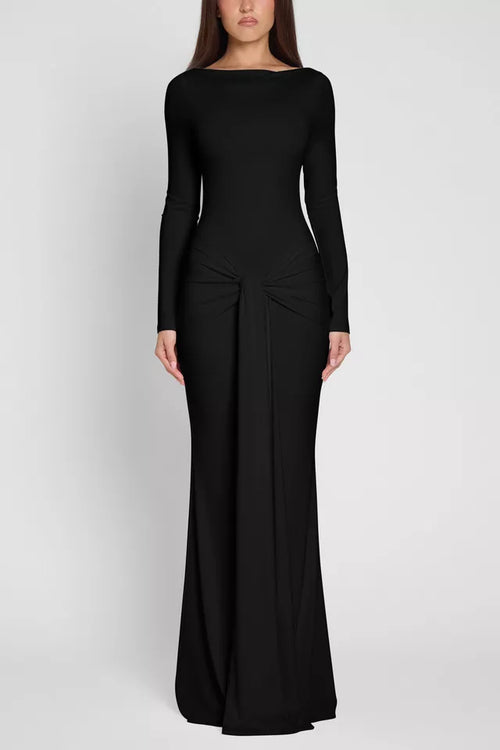 Robe de bal sirène élégante à col bateau, manches longues, froncée sur le devant, longueur ras du sol pour femme