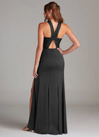 Sleek Mermaid Crepe Halter Neck Sleeveless Cross Cutout Back Floor Length Bridesmaid Dress