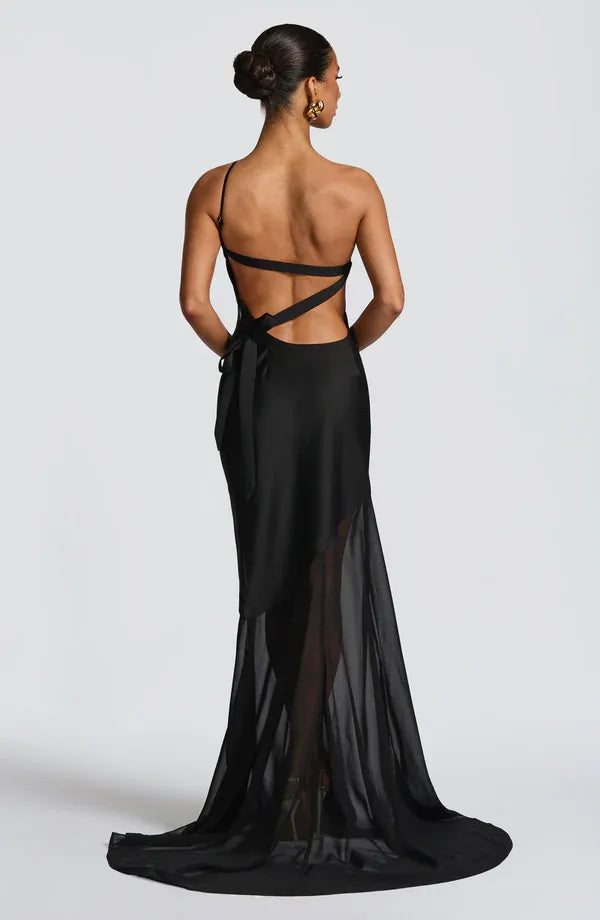 Sleek Mermaid One Shoulder Sleeveless Tie Back Train Floor Length For Ladies Evening Dress