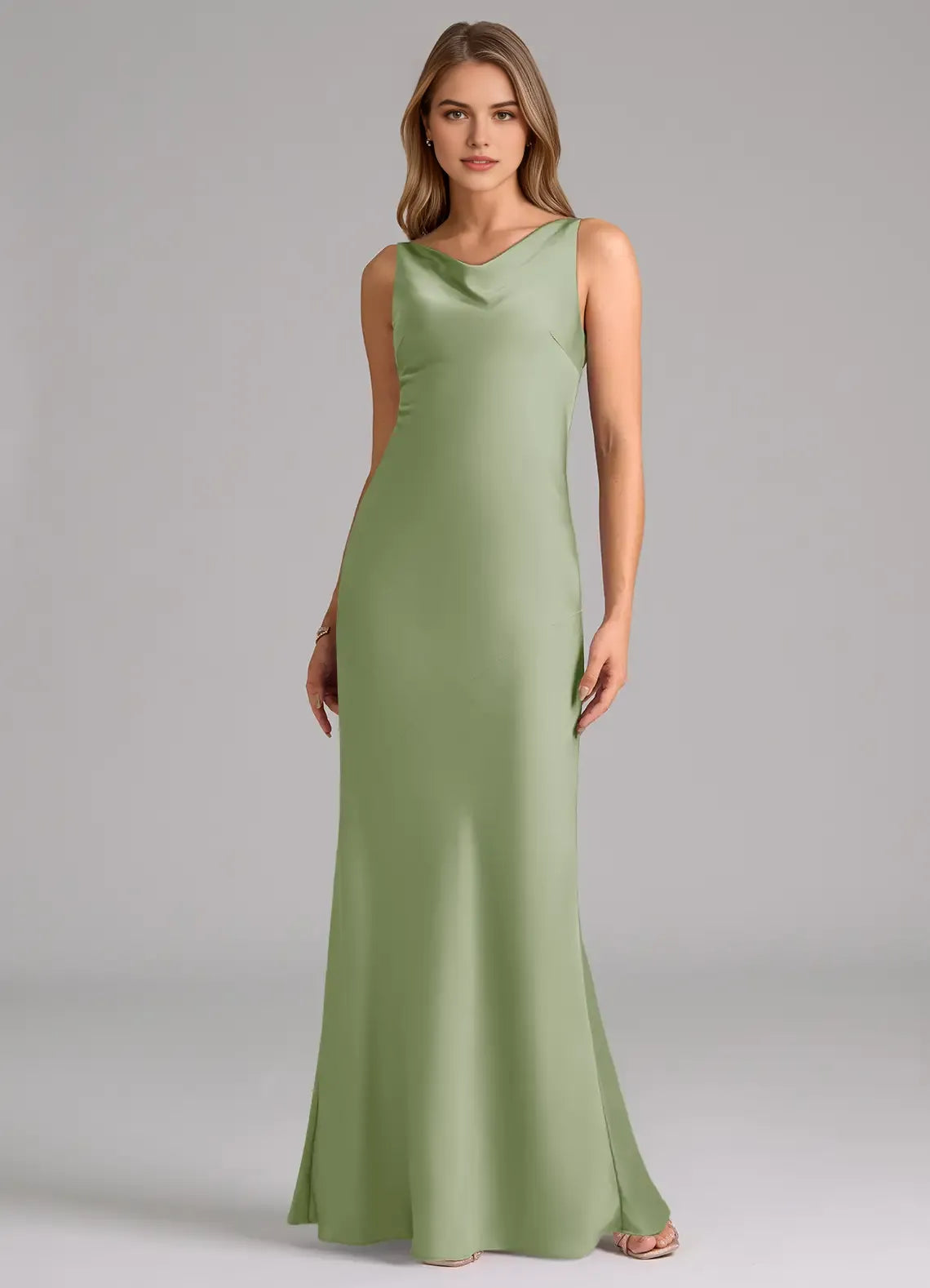 Sleek Mermaid Satin Cowl Neck Sleeveless Open Back Floor Length Bridesmaid Dress