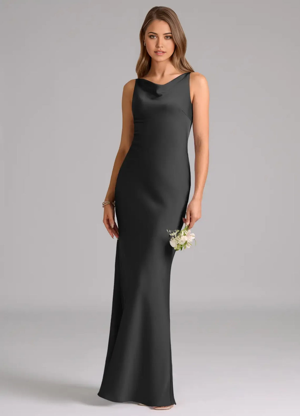 Sleek Mermaid Satin Cowl-Neck Sleeveless Zipper-Back Floor-Length Bridesmaid Dress