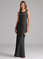 Sleek Mermaid Satin Cowl-Neck Sleeveless Zipper-Back Floor-Length Bridesmaid Dress