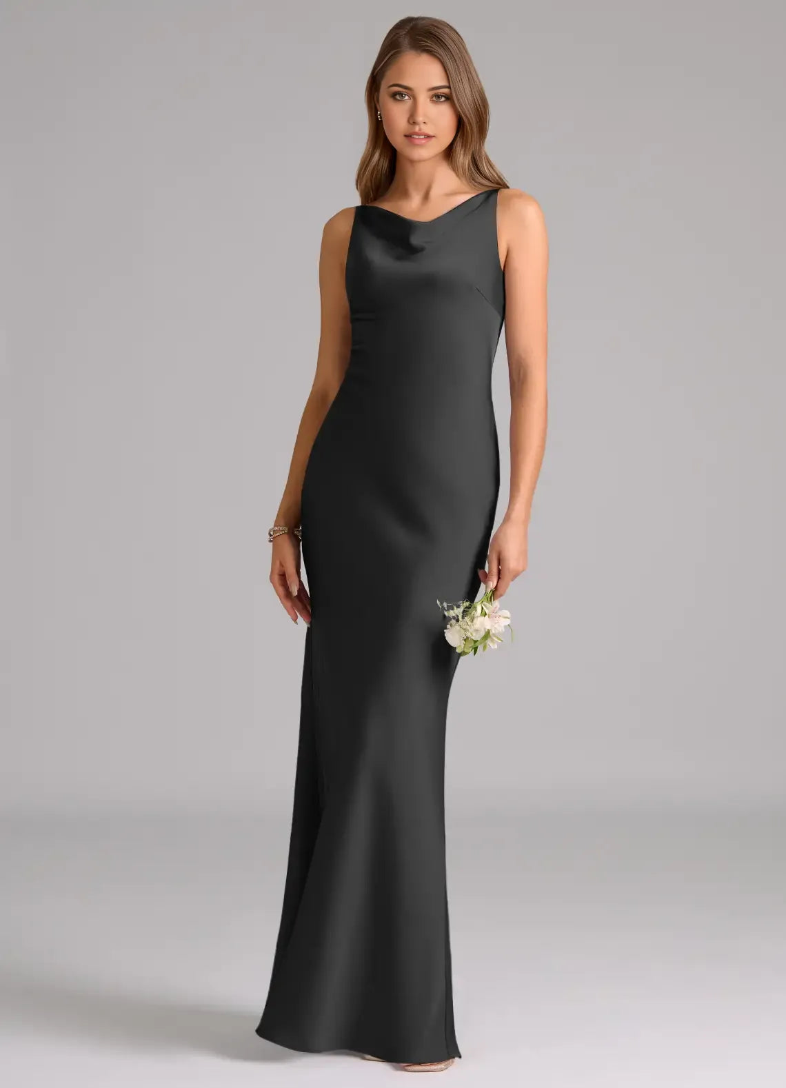 Sleek Mermaid Satin Cowl-Neck Sleeveless Zipper-Back Floor-Length Bridesmaid Dress