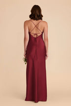 Sleek Mermaid Satin Cowl Neck Spaghetti Strap Crisscross Back Floor Length Bridesmaid Dress