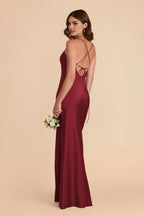 Sleek Mermaid Satin Cowl Neck Spaghetti Strap Crisscross Back Floor Length Bridesmaid Dress