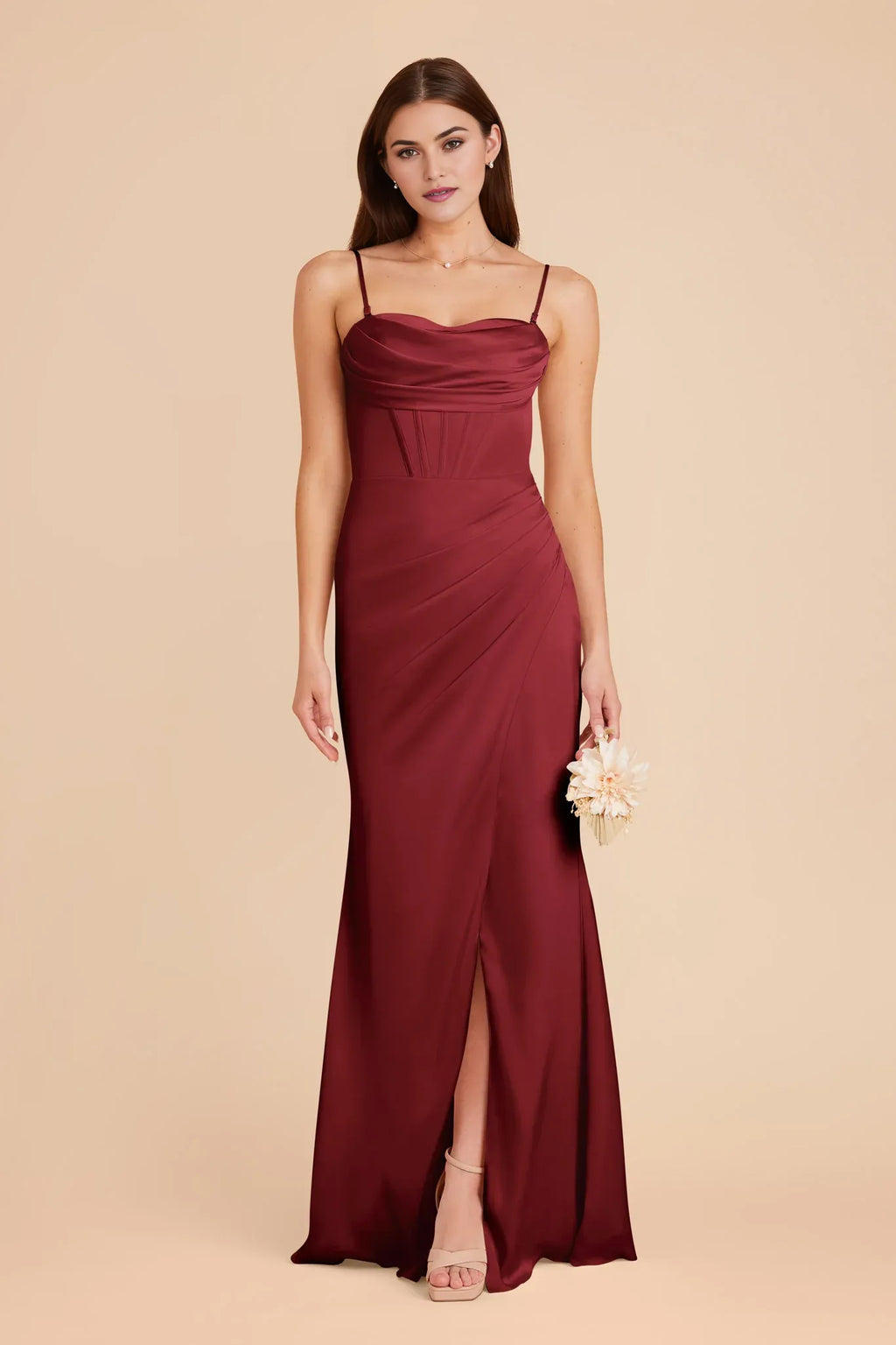Sleek Mermaid Satin Cowl Neck Spaghetti Strap Zipper Back Floor Length Bridesmaid Dress