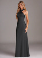 Sleek Mermaid Satin Halter Neck Sleeveless Bow Back Floor Length Bridesmaid Dress