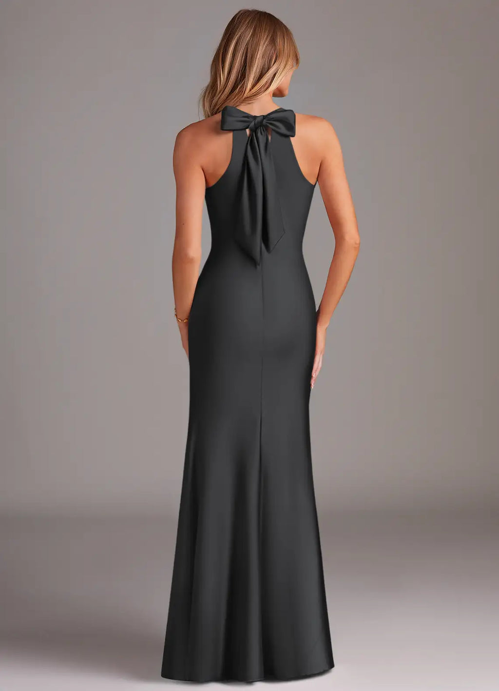 Sleek Mermaid Satin Halter Neck Sleeveless Bow Back Floor Length Bridesmaid Dress
