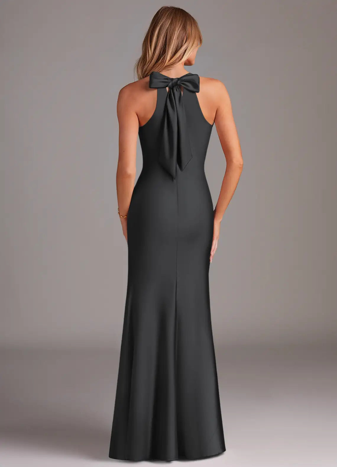 Sleek Mermaid Satin Halter Neck Sleeveless Bow Back Floor Length Bridesmaid Dress