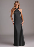 Sleek Mermaid Satin Halter Neck Sleeveless Bow Back Floor Length Bridesmaid Dress