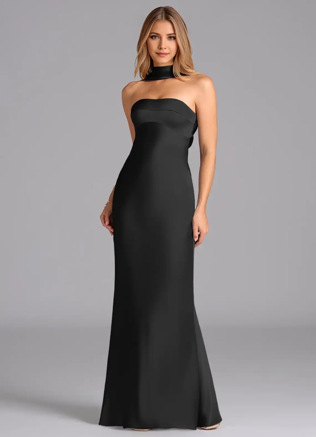 Sleek Mermaid Satin Halter Neck Sleeveless Deep V Back Floor Length Bridesmaid Dress