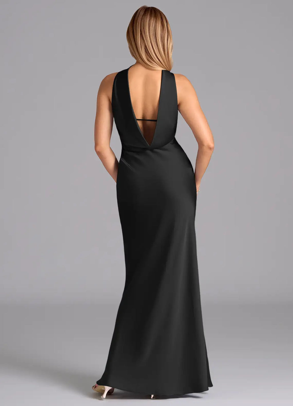 Sleek Mermaid Satin Halter Neck Sleeveless Deep V Back Floor Length Bridesmaid Dress
