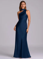 Sleek Mermaid Satin Halter One Shoulder Open Back Floor Length Bridesmaid Dress